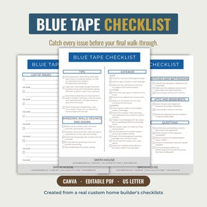 New Home Walk-Through Checklist, Blue Tape Home Construction Checklist, Final Walk-Through Buyer Checklist, Home Inspection Checklist