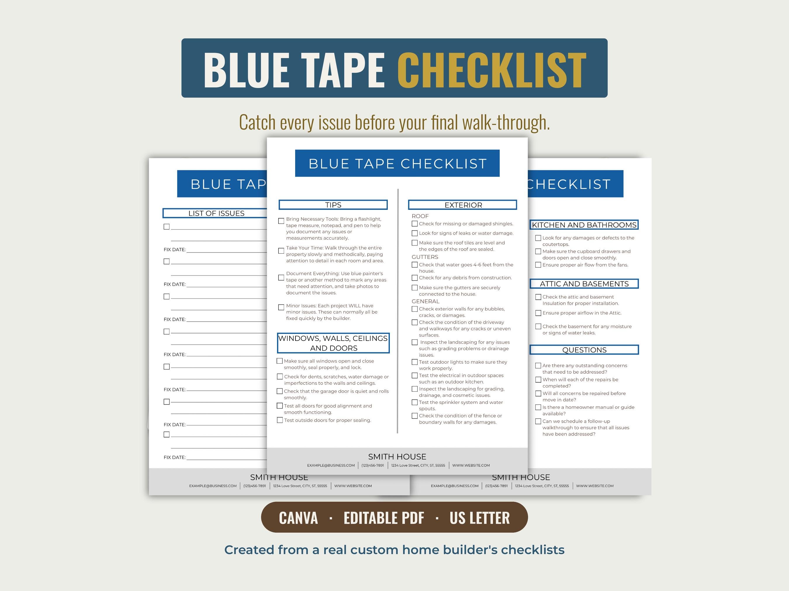 Blue Tape Checklist.pdf New Home Walk-through Checklist, Blue Tape Home Construction Checklist ...