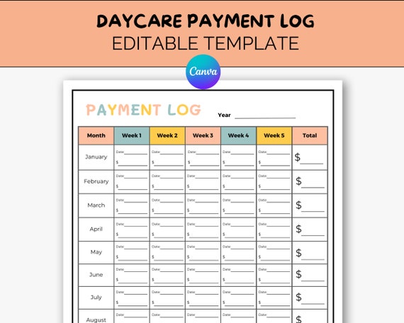 Daycare Payment Log, Daycare Forms, In Home Daycare Payment Record, Childcare Tuition Log, Daycare Tax Preparation