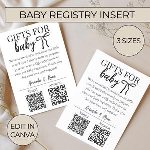 Carte d'insertion de fonds pour baby shower, carte de code QR pour baby shower, modèle pour fonds de couches, carte modifiable de registre de cadeaux pour bébé, signalétique de code QR pour baby shower