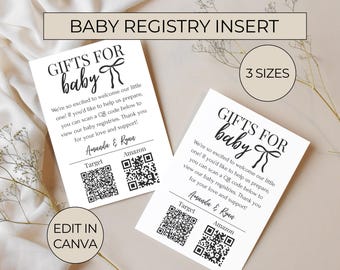 Tarjeta de inserción para fondos de baby shower, tarjeta con código QR para baby shower, plantilla para fondos de pañales, tarjeta editable para registro de regalos de bebé, señalización con código QR para baby shower