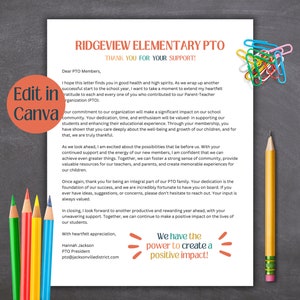 Carta de agradecimiento de PTO editable, carta de bienvenida de PTA