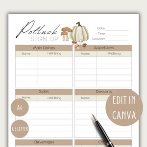Editable Thanksgiving Potluck Sign up Sheet, US Letter and A4 Sizes, Fall Potluck