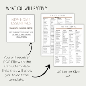 May include: A printable checklist for new home essentials, with separate lists for US Letter and A4 sizes. The checklist includes categories for kitchen appliances, utensils, cleaning supplies, cookware, flatware, and more. The text "New Home Essentials" is displayed at the top of the checklist.