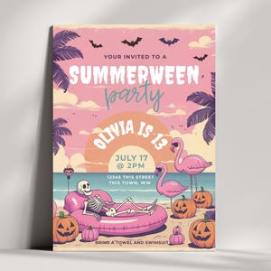 May include: A pink and orange Summerween party invitation with a skeleton on a float, flamingos, and jack-o'-lanterns. The invitation includes the text "YOUR INVITED TO A SUMMERWEEN party OLIVIA IS 13 JULY 17 @ 2PM".