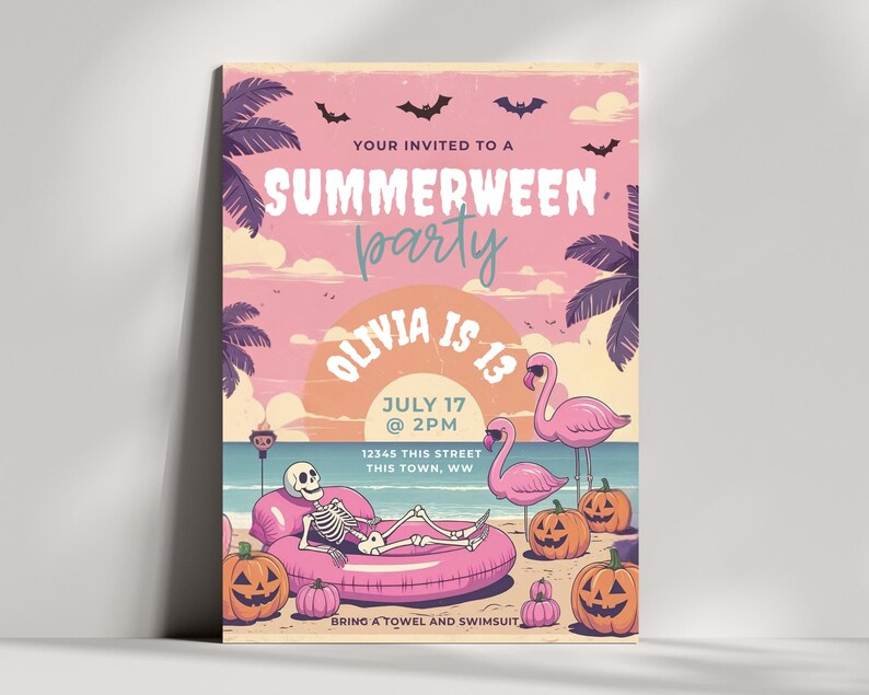 May include: A pink and orange Summerween party invitation with a skeleton on a float, flamingos, and jack-o'-lanterns. The invitation includes the text "YOUR INVITED TO A SUMMERWEEN party OLIVIA IS 13 JULY 17 @ 2PM".