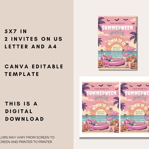May include: Digital download invitation for a Summerween party. The invitation features a skeleton relaxing on a pink inflatable, surrounded by pumpkins and flamingos. The text reads "Summerween party" and "Olivia is 13".