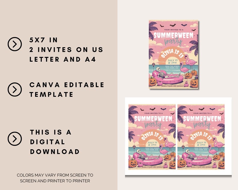 May include: Digital download invitation for a Summerween party. The invitation features a skeleton relaxing on a pink inflatable, surrounded by pumpkins and flamingos. The text reads "Summerween party" and "Olivia is 13".