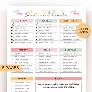 Peut inclure: Un programme d'exercices imprimable intitulé "Olivia's Exercise Schedule" avec des couleurs pastel. Le programme détaille les entraînements quotidiens, notamment les jumping jacks, les squats et les fentes. Le texte "Edit in Canva" est également visible.