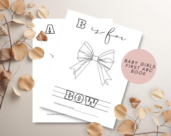 Libro imprimible del abecedario para niña, juego de actividades para baby shower, primer libro del alfabeto, libro para colorear con el abecedario, recuerdo para baby shower