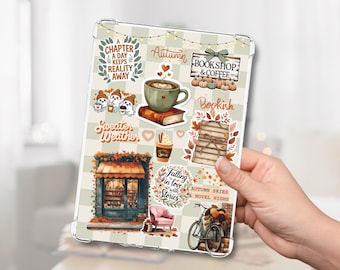 Autumn Bookshop & Coffee Sticker Collage Clear Case Insert Decor for Kindle Paperwhite and Kobo, Fall Reading Ereader Accessory Gift