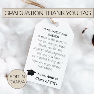 Bearbeitbares Abschluss-Dankeschön-Tag, an meine Freunde und Familie Druckbares Abschluss-Bevorzugungsetikett, Klasse von 2024, Grad Party Hang Tag