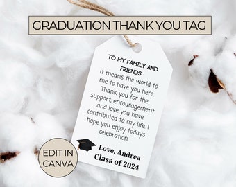 Editable Graduation Thank You Tag, To My Friends and Family Printable Graduation Favor Tag, Class of 2024, Grad party Hang Tag