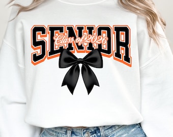 Coquette Senior Class of 2026 PNG, High School Senior Shirt Design, 2026 Graduate, Orange & Black Bow PNG, 2026 College Graduate Varsity PNG