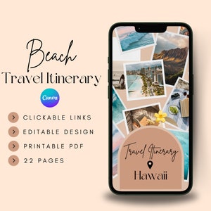 Modelo de itinerário de viagem na praia, itinerário de férias móvel, guia de viagem, planejador de lua de mel, itinerário de viagem móvel