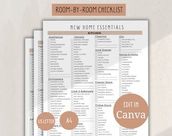 Editable New Home Essentials Checklist, Moving Checklist Printable, New Home Planner, First Home Checklist, Edit in Canva