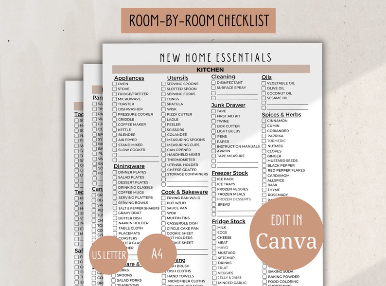 May include: A printable checklist for new homeowners to help them stock their kitchen with essential items. The checklist is divided into categories such as appliances, utensils, cleaning supplies, oils, spices, and herbs. The checklist also includes sections for freezer and fridge stock. The checklist is labeled "Room-by-Room Checklist" and "New Home Essentials".