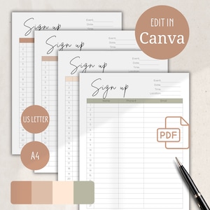 May include: A printable sign-up sheet with the text "Sign up" in a handwritten font. The sheet is divided into columns for name, phone number, and email. The sheet is available in US Letter and A4 sizes. The colors used are brown, beige, and green.