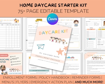 Op de afbeelding: Een Home Daycare Starter Kit met een bewerkbare sjabloon van meer dan 75 pagina's. De kit bevat inschrijfformulieren, een beleidshandboek, herinneringsformulieren, menu's, flyers en een noodplan. De kit heeft een Canva-logo.