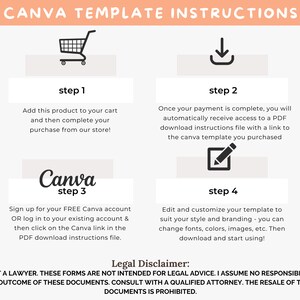 May include: A Canva template instruction guide with four steps. Step 1: Add to cart. Step 2: Download instructions. Step 3: Sign up for Canva. Step 4: Edit and customize. The text includes a legal disclaimer.