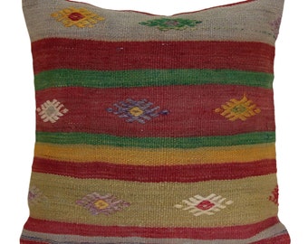 Vintage Rug Pillow Cover - Hand-Knotted Wool Kilim Cushion Pillowcase 16x16 inches