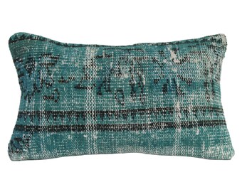 Hand-Knotted Turkish Wool Lumbar Pillow: Turquoise Overdyed Rug Design (12x20)