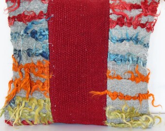 Shaggy Tulu Kilim Rug Pillow Cover, Handwoven Geometric Pattern Decorative Pillowcase, Red Blue Yellow