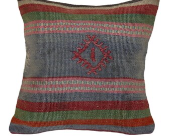 Antique Kilim Pillow Cover 16x16 - Vintage Wool Rug Throw Pillow - Decorative Gift for Sofa