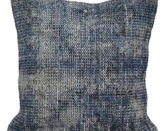 Vintage Turkish Rug Pillow: Blue Overdyed Hand-Knotted Wool, 16x16