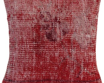 Red Wool Rug Pillow Cover: Hand-Knotted Over-Dyed Turkish Rug Pillowcase, 16x16 inches