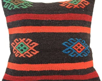 Vintage Kilim Pillow Cover 16x16: Handwoven Wool Embroidered Cushion Pillowcase