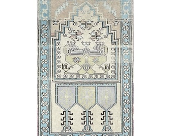 Hand-Knotted Wool Rug (3x5): Vintage Turkish Oastel Neutral Blue