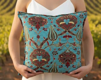 Turquoise Turkish Pillow Cover, Blue Chenille Cushion Cover, Woven New Ottoman Tulip