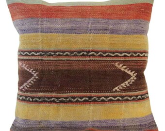 Vintage Decorative Pillowcase - Hand-Knotted Wool Kilim Rug Pillow Cover 16x16 inches