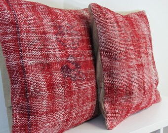 Red Wool Kilim Pillow Covers: Vintage Turkish Overdyed Rug Pillows (18x18 inches)