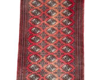 Hand-Knotted Red Buhara Rug: 4x6 Vintage Turkish Geometric Carpet Rug