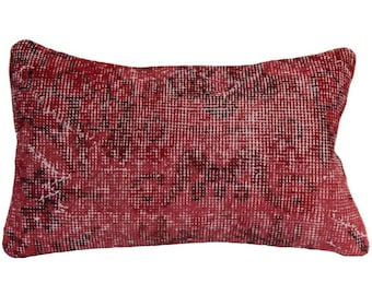 Red Turkish Kilim Pillow Cover: Hand-Knotted Wool Lumbar Pillow (12x20)