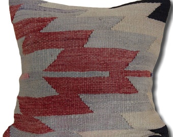 Hand-Knotted Wool Kilim Pillow Cover: Vintage Turkish Rug Pillowcase, 16x16 inches