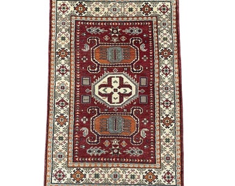 Hand-Knotted Turkish Wool Rug: 4x6 Vintage Geometric Carpet