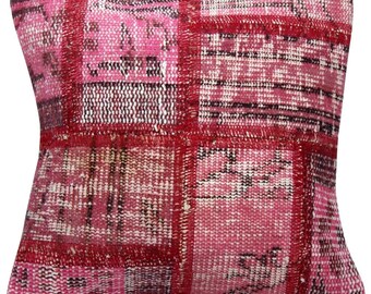 Pink Kilim Pillow Cover 16x16: Patchwork Hand-Woven Turkish Wool Rug Throw Pillowcase