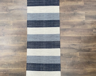 7 Ft Turkish Cotton Kilim Runner: Striped Blue Gray Boho Rug