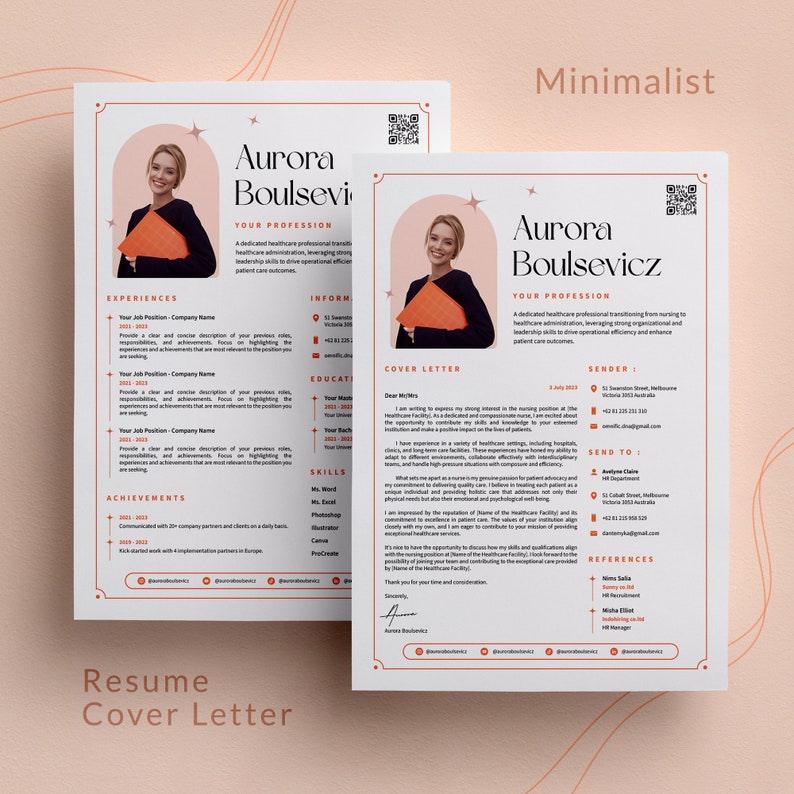 May include: A minimalist resume and cover letter template with a pink background and a star design. The resume includes sections for experience, achievements, education, and skills. The cover letter includes a greeting, introduction, and closing.