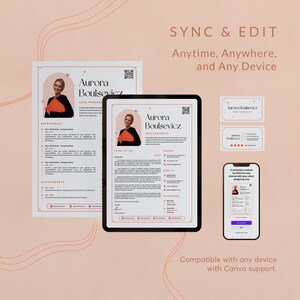 May include: A digital mockup of a resume template on a tablet, phone, and business card. The template is designed for a healthcare professional and features a photo of the applicant, a cover letter, and a professional bio. The text on the template reads "Aurora Boulsevicz, Your Profession". The template is compatible with Canva.