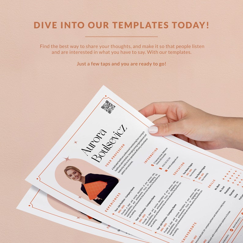 May include: A white resume template with a red border. The resume is for Aurora Boulsevicz and includes a photo of her, her work experience, education, skills, and achievements.