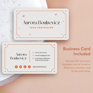 May include: A white business card with a brown border and stars. The text on the card reads "Aurora Boulsevicz" and includes contact information, social media handles, and the text "Business Card Included". You can DIY print your business card at home or send your business card to the print shop.