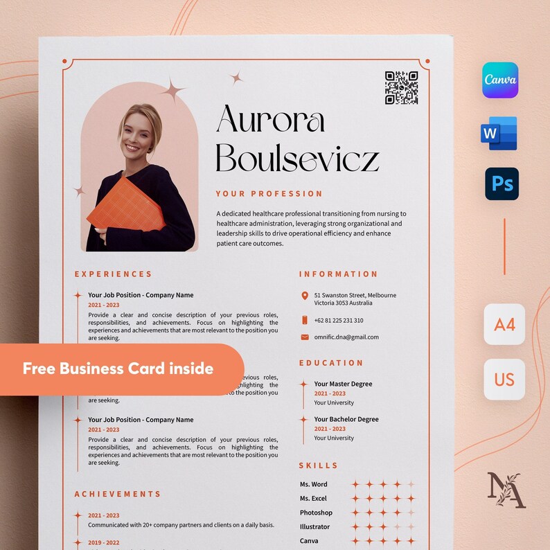 May include: A pink and white resume template with a photo of a woman in the top left corner. The resume includes sections for experiences, information, education, skills, and achievements. The text "Free Business Card inside" is in a peach-colored box.