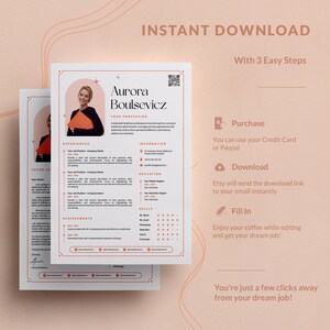 May include: A pink and white resume template with a photo of a woman in the top left corner. The text "Aurora Boulsevicz" is in a large font at the top of the page. The text "INSTANT DOWNLOAD" is in a large font at the top of the page. The text "With 3 Easy Steps" is in a smaller font below the text "INSTANT DOWNLOAD". The text "Purchase", "Download", and "Fill In" are in a large font and are each accompanied by an icon. The text "You're just a few clicks away from your dream job!" is in a large font at the bottom of the page.
