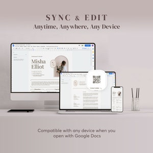 May include: A digital resume template displayed on a desktop computer, laptop, and smartphone. The text reads "SYNC & EDIT Anytime, Anywhere, Any Device" and "Compatible with any device when you open with Google Docs."