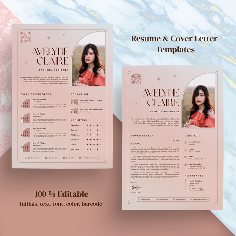K&ouml;nnte beinhalten: Eine rosa und wei&szlig;e Lebenslaufvorlage mit einem professionellen Portr&auml;t einer Frau. Die Vorlage enth&auml;lt einen Abschnitt f&uuml;r Berufserfahrung, Ausbildung und Expertise. Der Text "100% Editable" befindet sich am unteren Rand der Seite.