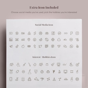 May include: A white sheet with the text "Extra Icon Included" and "Choose social media you've used, pick the hobbies you're interested". Below are social media and hobby icons in a minimalist style.